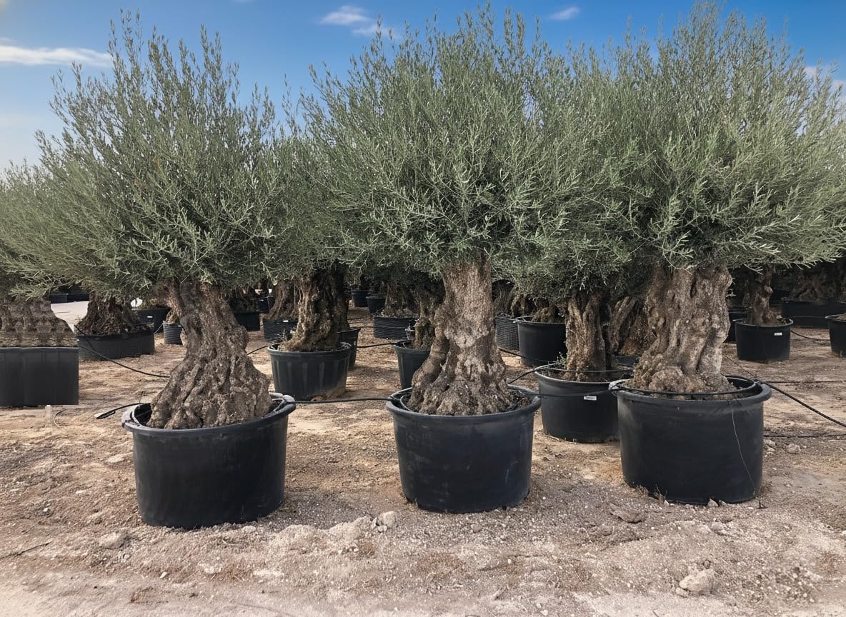 Sunny Tree - Olea Europea Olivier - Bonsaï d'olivier rustique 250 centimètres avec pot - 150 ans d'âge - donne des olives