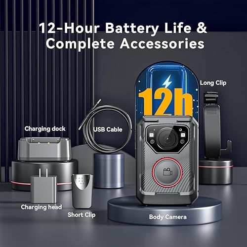 Miniatura 6 de Cámara de cuerpo de policía, 1080P HD cámara desgastada, 64G e IP68, cámara corporal habilitada para GPS con aplicación, batería de 12 horas, visión