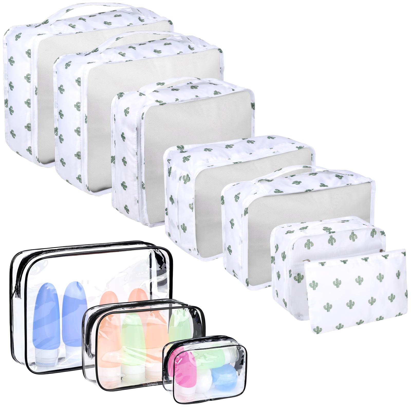 Enloffi Organizer Valigie 10 Pezzi Set Sistema di Cubo di Viaggio Impermeabili Viaggio Accessori Utili per Vestiti Scarpe Biancheria Intima Cosmetici Set di Valigie Portaoggetti, Cactus Bianco