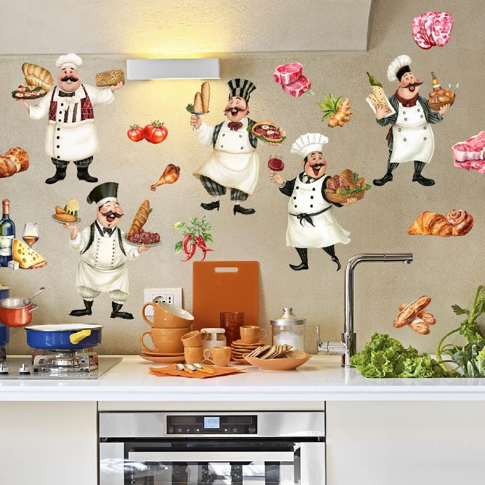 SUPERDANT Cartoon Chef Wall Stickers Food Cooking Wall Decals Kitchen Decals Stickers for Walls DIY Vinyl Art Decor Peel and Stick Murals for Kitchen Restaurant Dining Room Canteen Decoration
