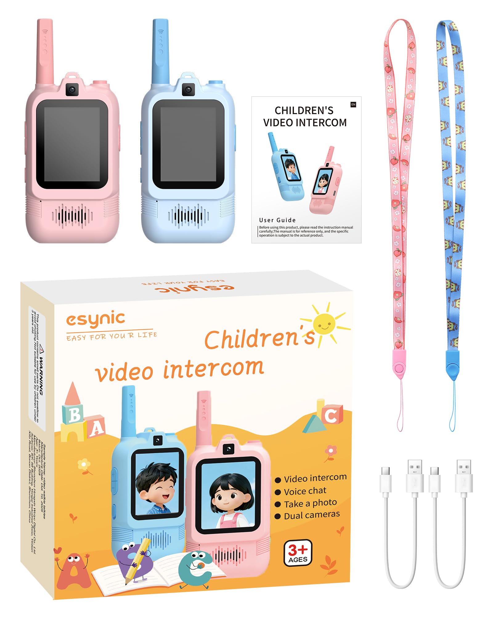 eSynic Talkie Walkie Enfants Double Caméra Appels Vidéo Portée 500m Rechargeable Rose+Bleu