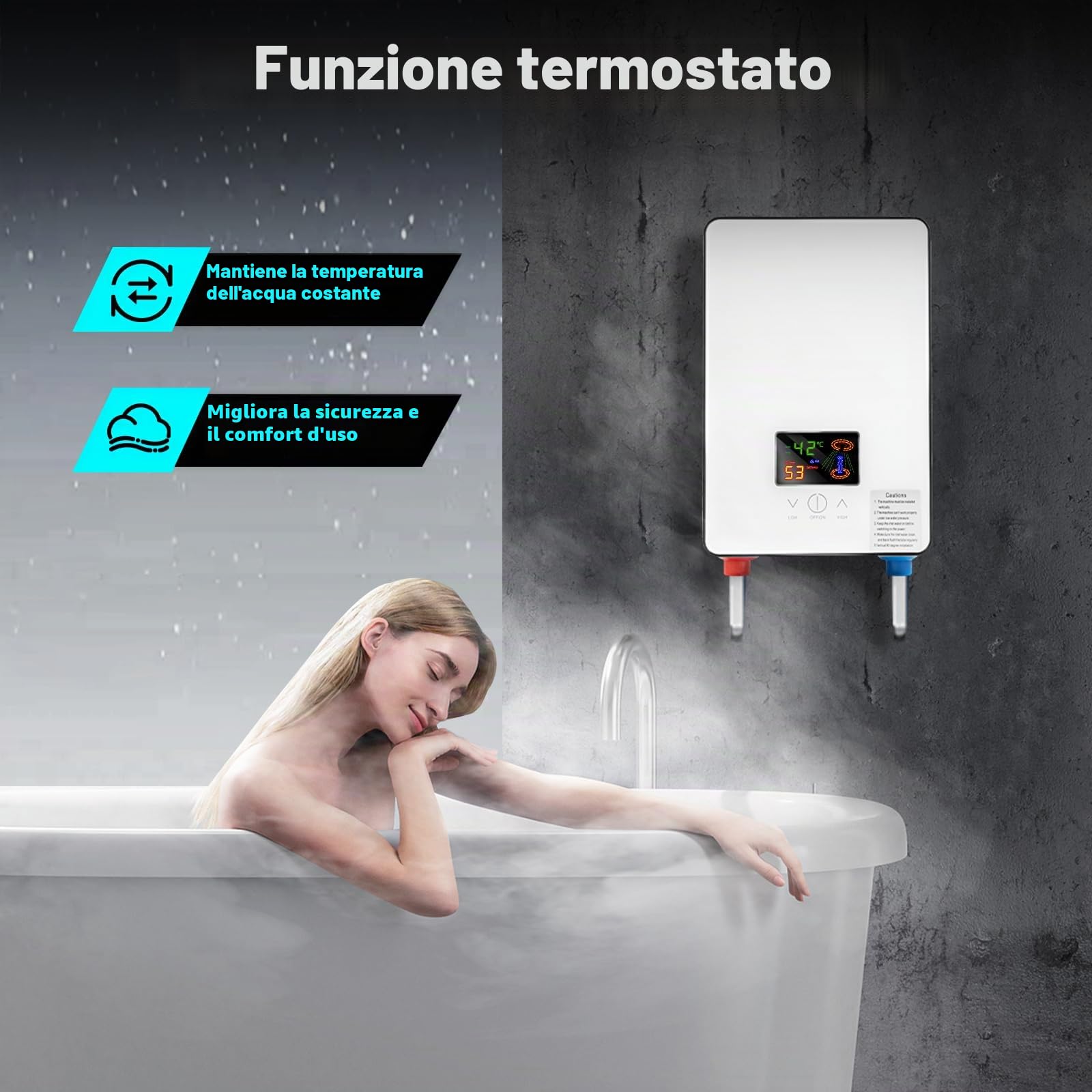 Scaldabagno Elettrico Istantaneo Senza Serbatoio, Digitale, Adatto per Bagno, Parrucchieri, Hotel, Centri Estetici, Scuole, Ospedali, 18,6 * 5,7 * 27,7 cm (Bianco)