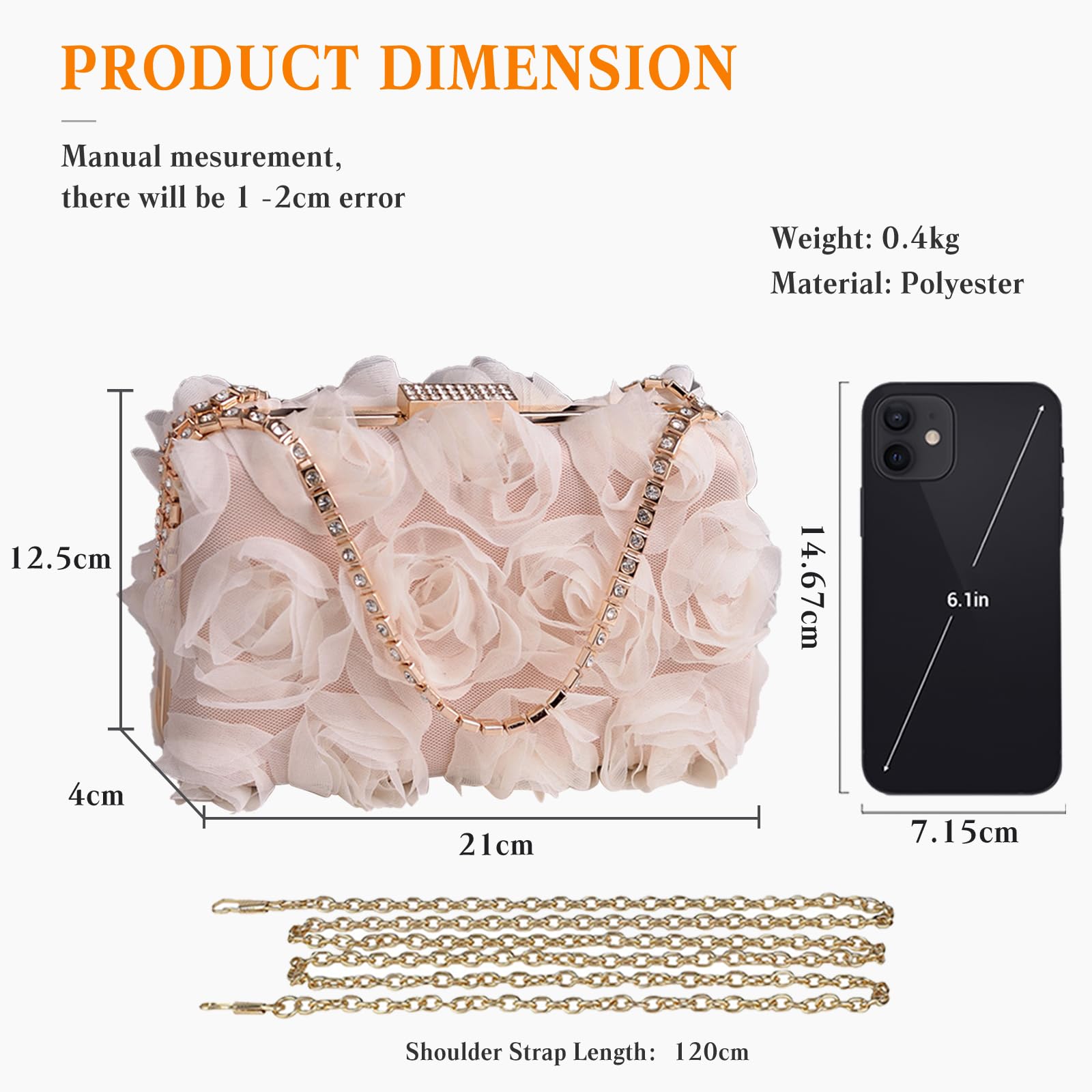 CORIOS Pochette da Donna in Raso Floreale con Paillettes, Borsa da Sera a Petalo Lussuoso a Tracolla per Sposa, Ballo, Cocktail, Festa - Champagne