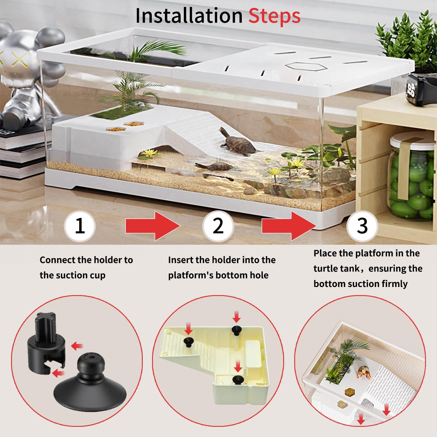 Turtle Fish Tank with Basking Platform and Bottom Drainage, 11.8" x 7" x 7.3" Aquatic Turtle Tank for Juvenile Turtle, Crayfish, Crabs, Amphibians, Reptiles, PC Material, White Color