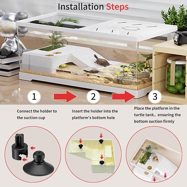Aquarium pour Tortues avec Plateforme de Bain de Soleil et Drain au Fond 30 x 18 x 18,5 cm, Aquarium pour Jeunes Tortues, écrevisses, crabes, Amphibiens et Reptiles,Blanc - 3