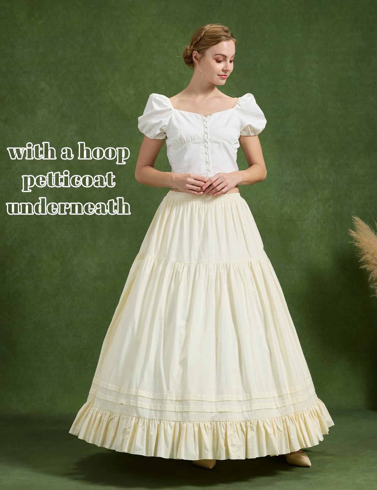 BEAUTELICATE Sottogonna Cotone Lunga Retro A-Linea Sottoveste Voluminoso con Volant Vita Alta Maxi Gonna per Costumi Edoardiana Medievali Bianco Beige