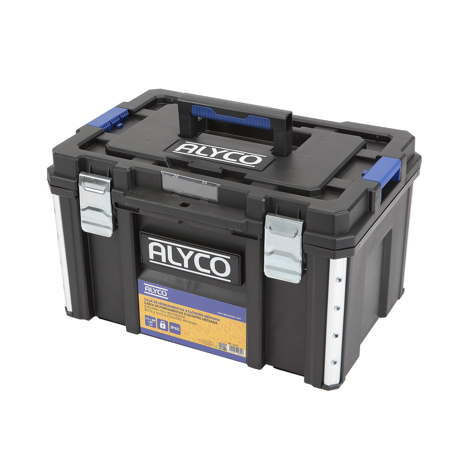 Alyco - Caja de Herramientas Apilable StackPro | 51,2×36×30,7 cm | Cierres Metálicos y Asa Ergonómica, Organizador de Taller y Bricolaje, Resistencia IP65 y Orificios para Candado (M)