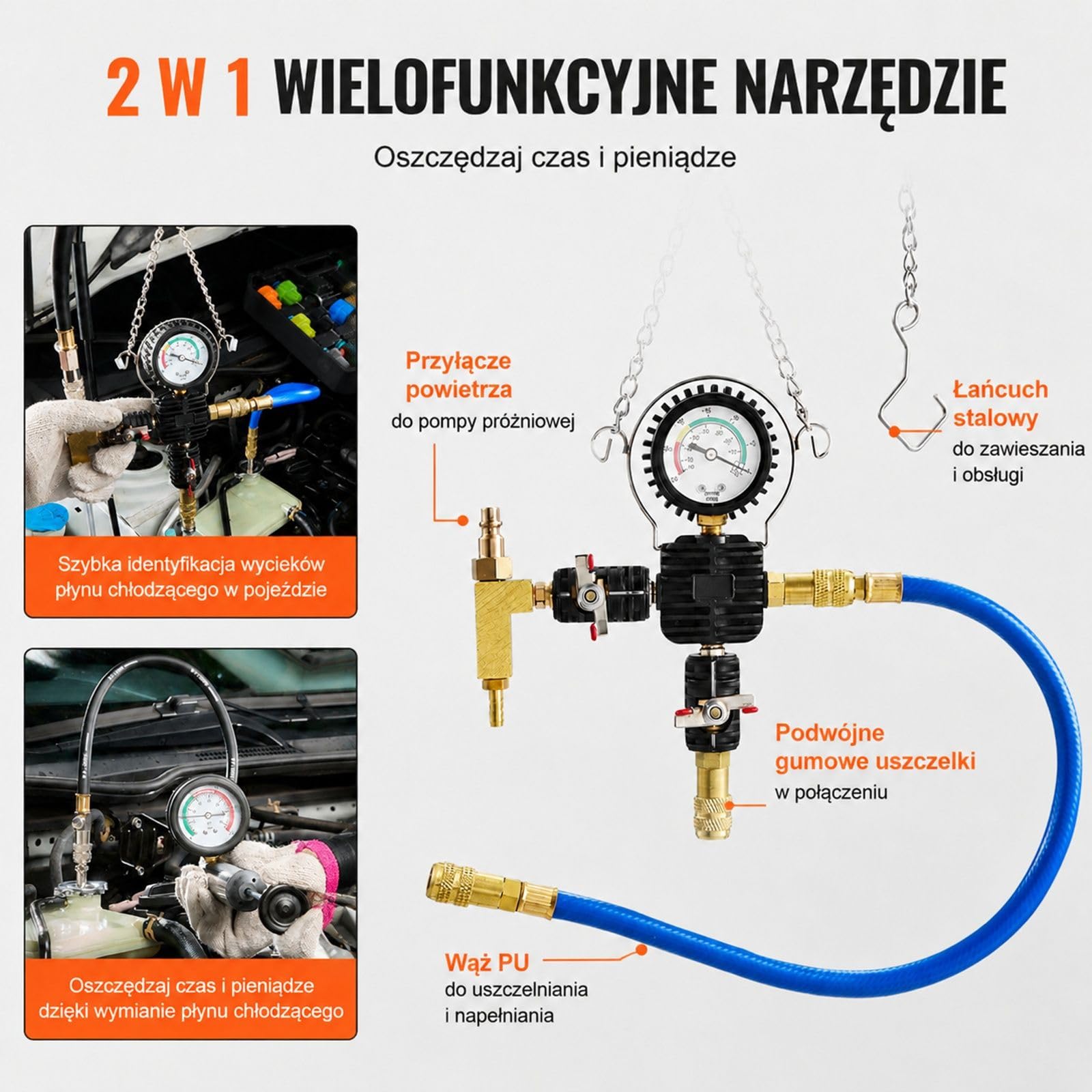 28-częściowy zestaw do testowania ciśnienia płynu chłodzącego chłodnicy z pompą ręczną, 17 metalowymi adapterami, 3 nasadkami testowymi i termometrem