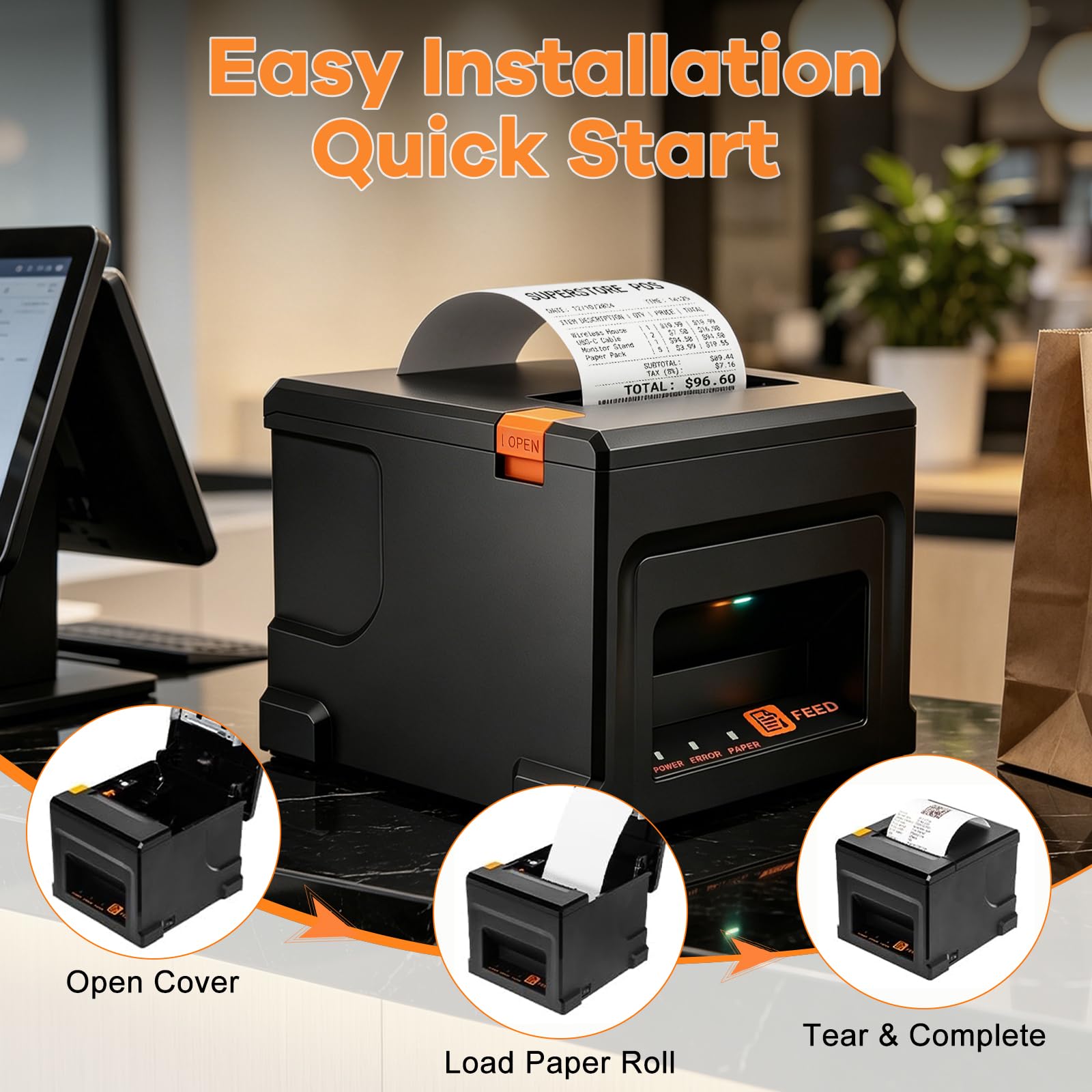 Bondrucker 80mm, Versandetiketten Drucker, USB & Bluetooth& LAN Verbindung | Etikettendrucker, 220mm/s, Inkl 5 Rollen Papier, Für Gastronomie & Einzelhandel, Unterstützung von ESC/POS