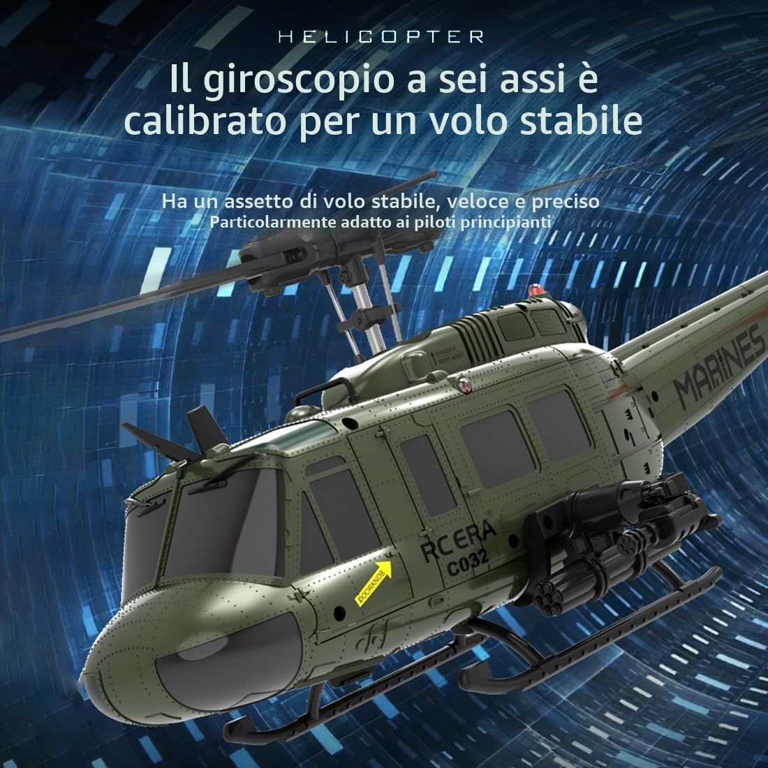 NULA RC ERA C032 UH-1 Huey RC elicottero, scala 1/48 6CH, 2,4G 6 assi giroscopio aereo militare telecomandato con ritiro 3D altezza per adulti principianti (RTF/4 batteria)
