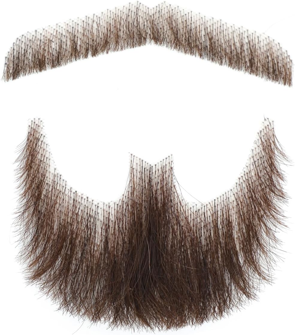 Parceria Fake Goatee Beard and Realistic Mustache, Easy Apply Hand Tied Human Hair Fake Beard, Comfortable and Lace Invisible Costume Fake Facial Hair for Men Theatrical, Party, Movie(SY Brown Beard)