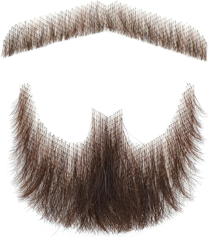 Parceria Fake Goatee Beard and Realistic Mustache, Easy Apply Hand Tied Human Hair Fake Beard, Comfortable and Lace Invisible Costume Fake Facial Hair for Men Theatrical, Party, Movie(SY Brown Beard)