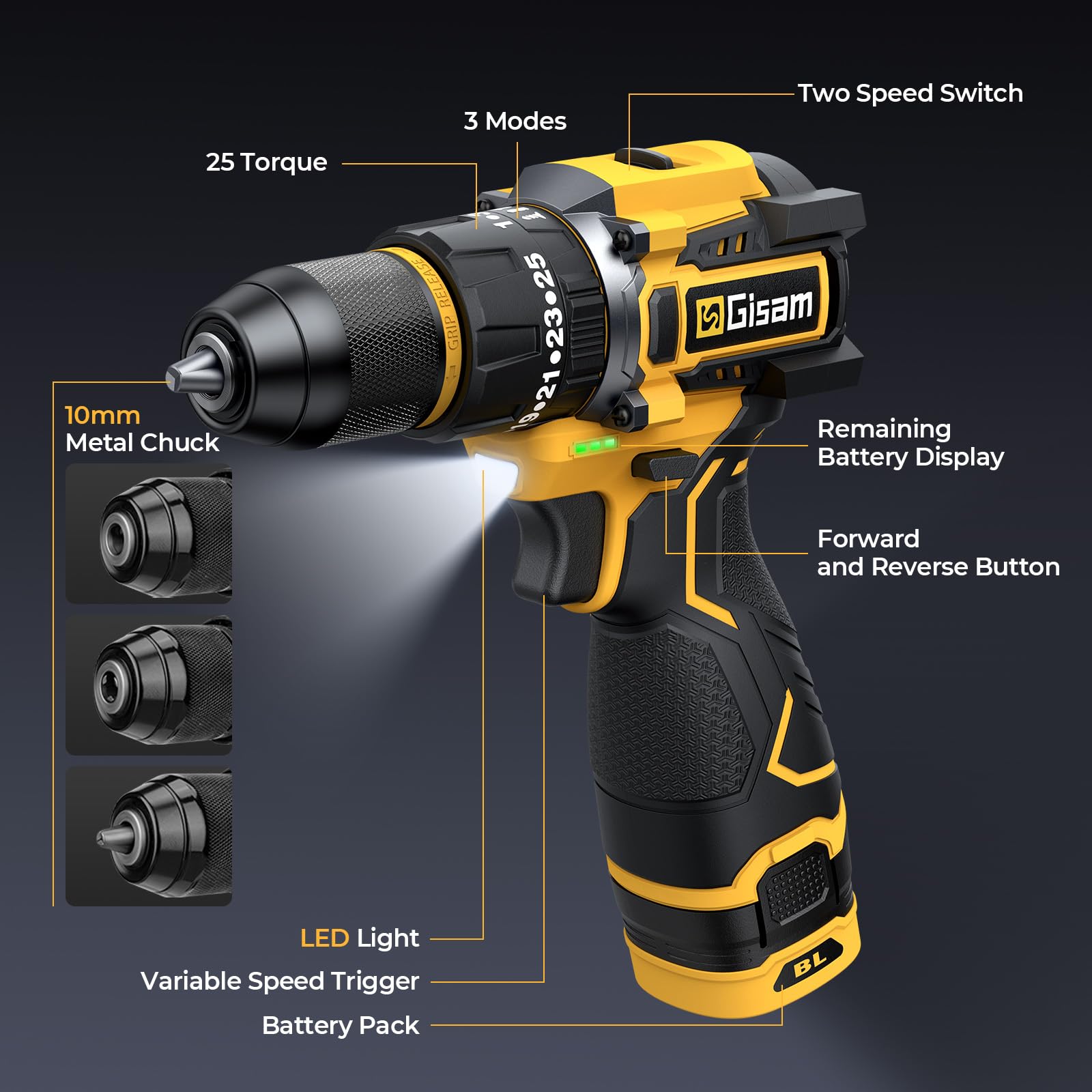 Taladro Percutor a Bateria, 65Nm Destornillador Eléctrico con Ajuste de Par 25+3 Modos, Taladro Atornillador Bateria con 2 Baterías 2000mAh, 2 Velocidad, 28 Accesorios, LED Luz Para Hogar, Bricolaje