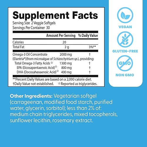 Miniatura 3 de Doctor's Best Vegano Omega-3 EPA + DHA, apoya la salud de los ojos, el cerebro y el corazón, sin OMG, sin gluten, vegano, 60 cápsulas blandas