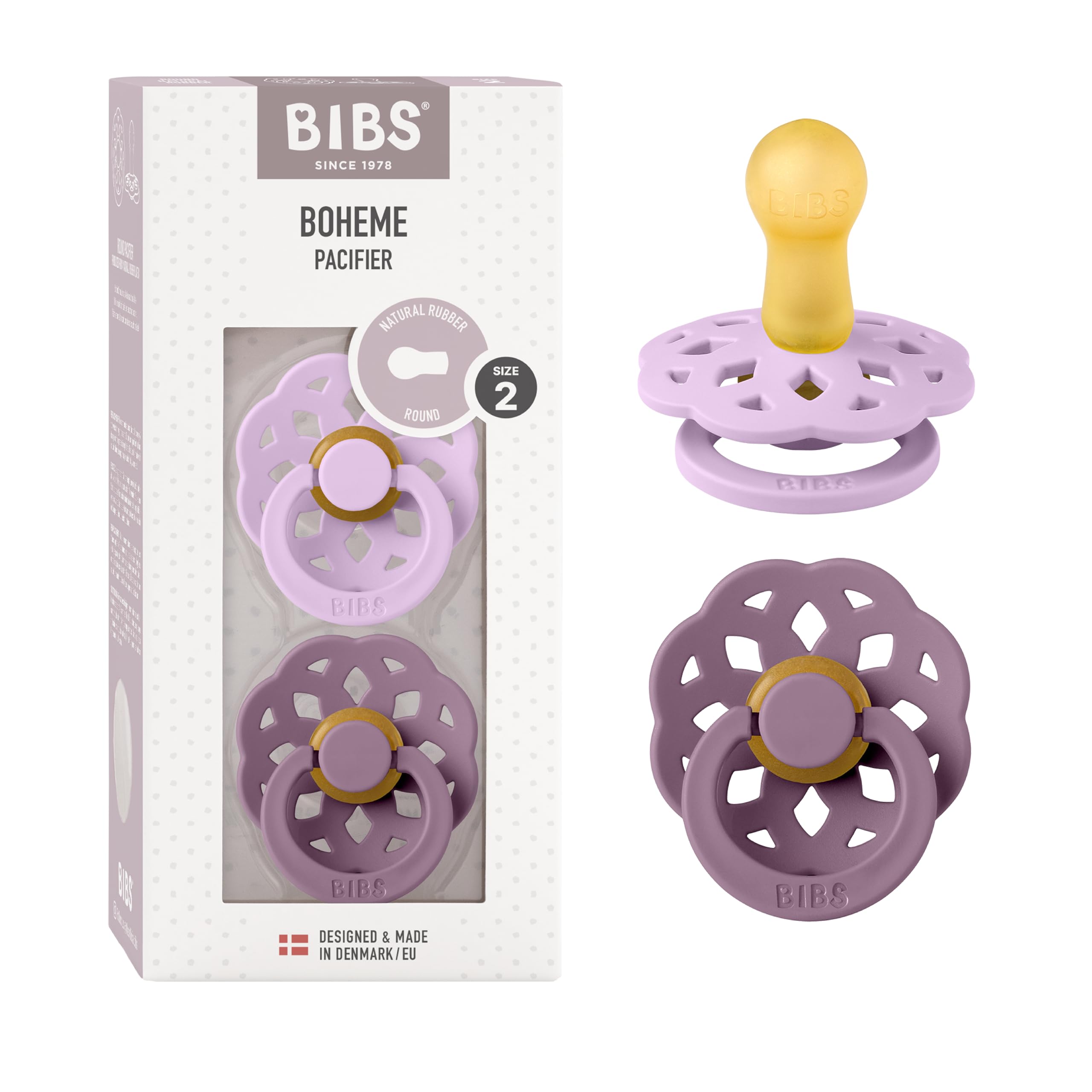 BIBS Boheme Ciuccio confezione da 2 pezzi. Privo di BPA., Tettarella tonda. Lattice di gomma naturale, Prodotto in Danimarca, Taglia 2 (6-18 mesi), Violet Sky/Mauve