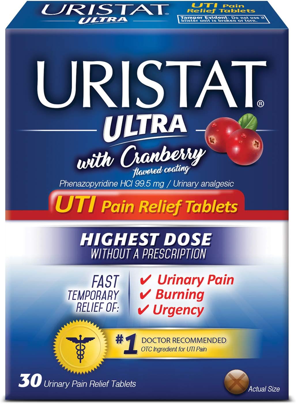 URISTATUltra UTI Pain Relief, Cranberry Flavored Coating, 30 Tablets