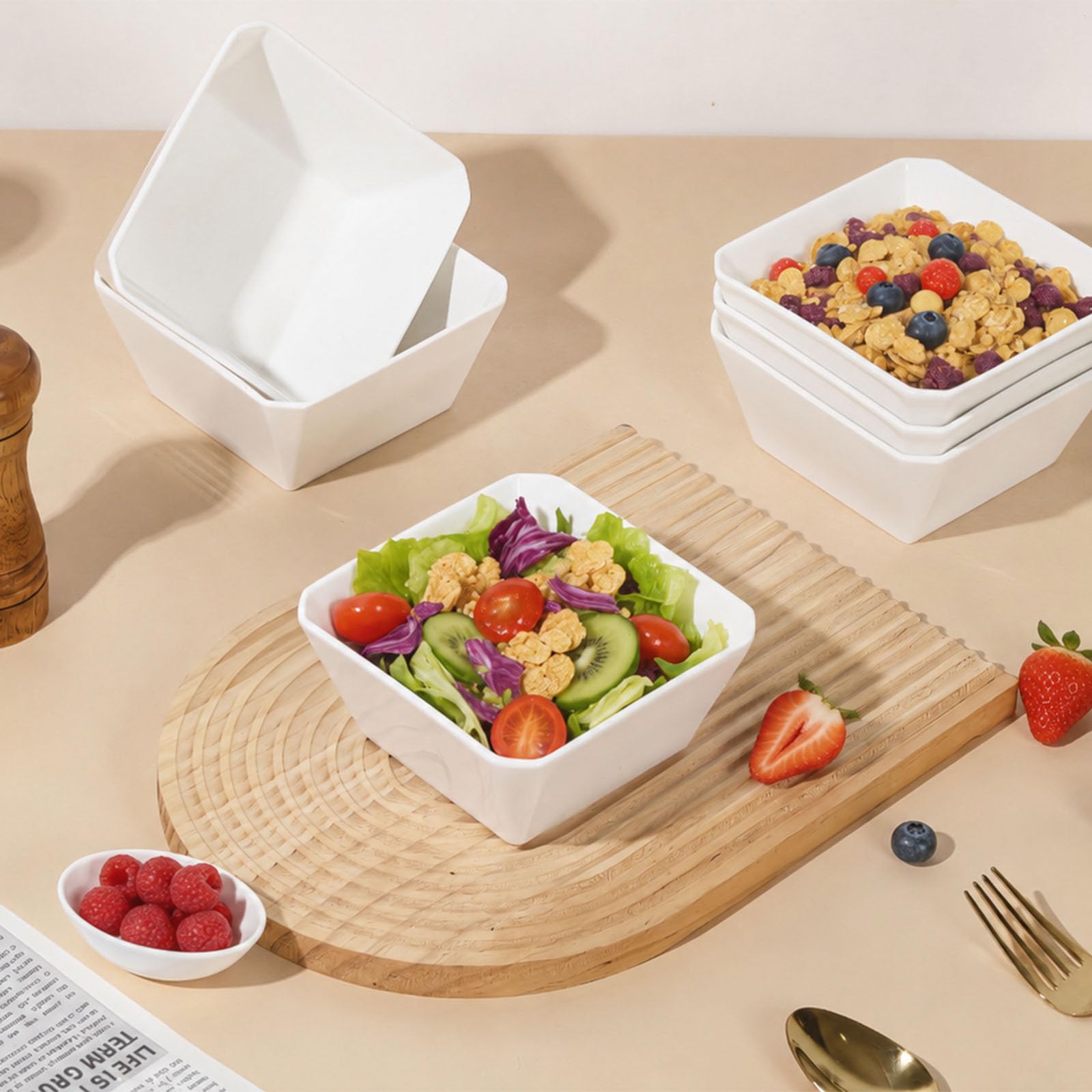 Samsle Porcelanowe miski na płatki, 470 ml, zestaw kwadratowych misek do serwowania, 13 cm, białe ceramiczne miski do sałatek, zupy, przekąsek, deserów i marmolady, nadają się do zmywarki i kuchenki