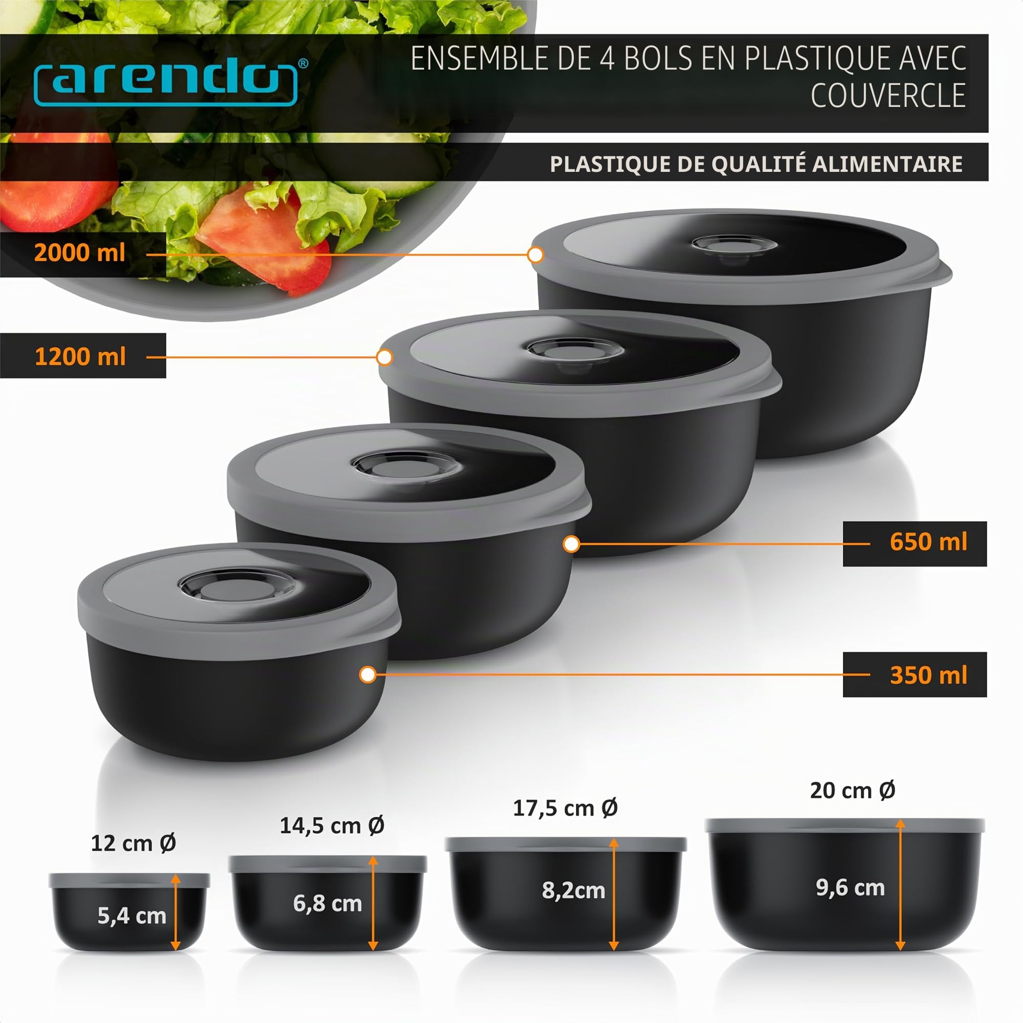Arendo - Lot de 4 boîtes de conservation avec couvercle - Saladier - Bol mélangeur - Set de bols en différentes tailles - Convient pour un usage alimentaire - Passe au lave-vaisselle et au micro-ondes