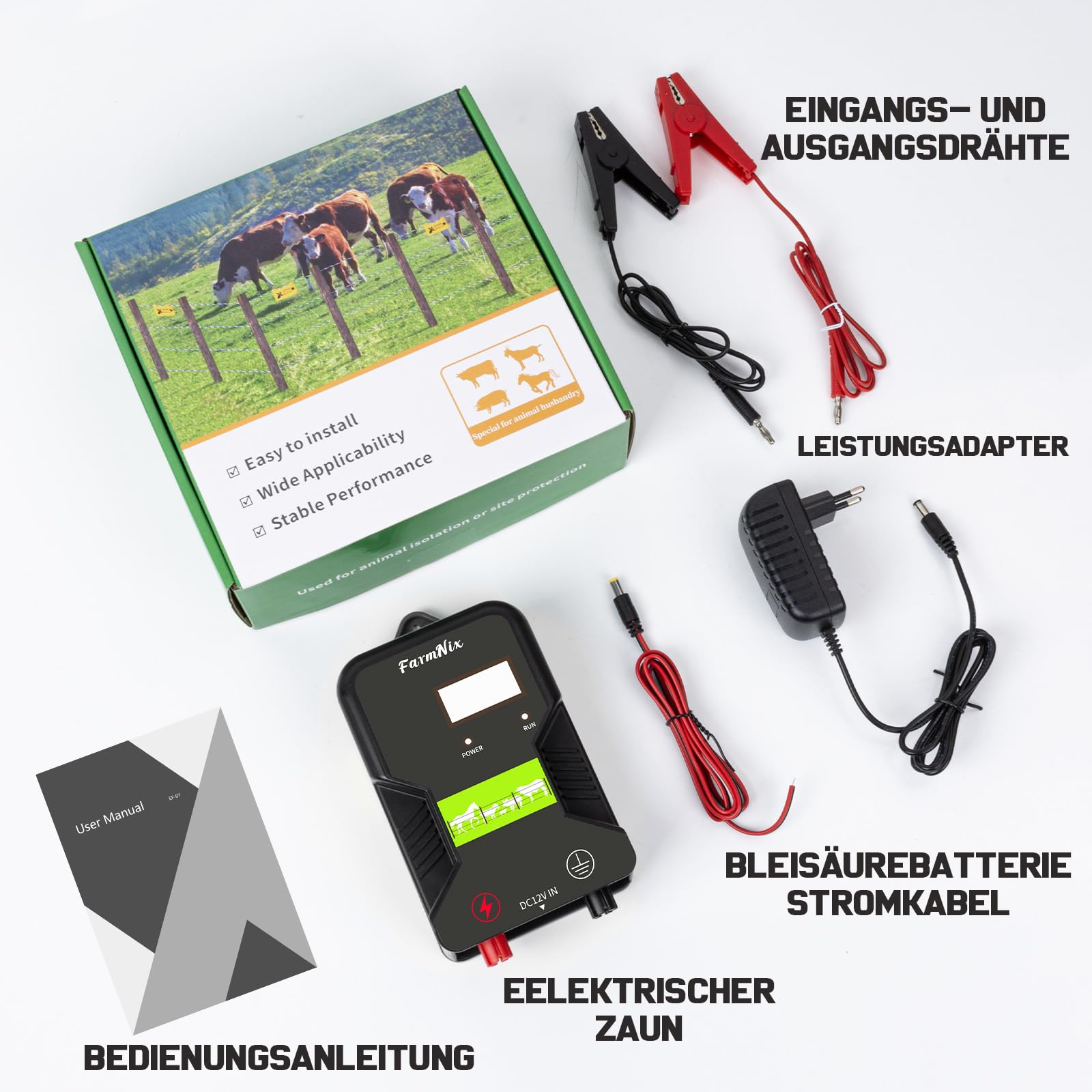 12V Weidezaungerät mit LED Anzeige, 2J Wasserdicht Elektrischer Weidezaun 230V für 15 KM Reichweite, LED Display Eelektrozaun für Schutz von Nutztieren,Haustieren,Geflügel, Hausweide,Gärten (Schwarz)