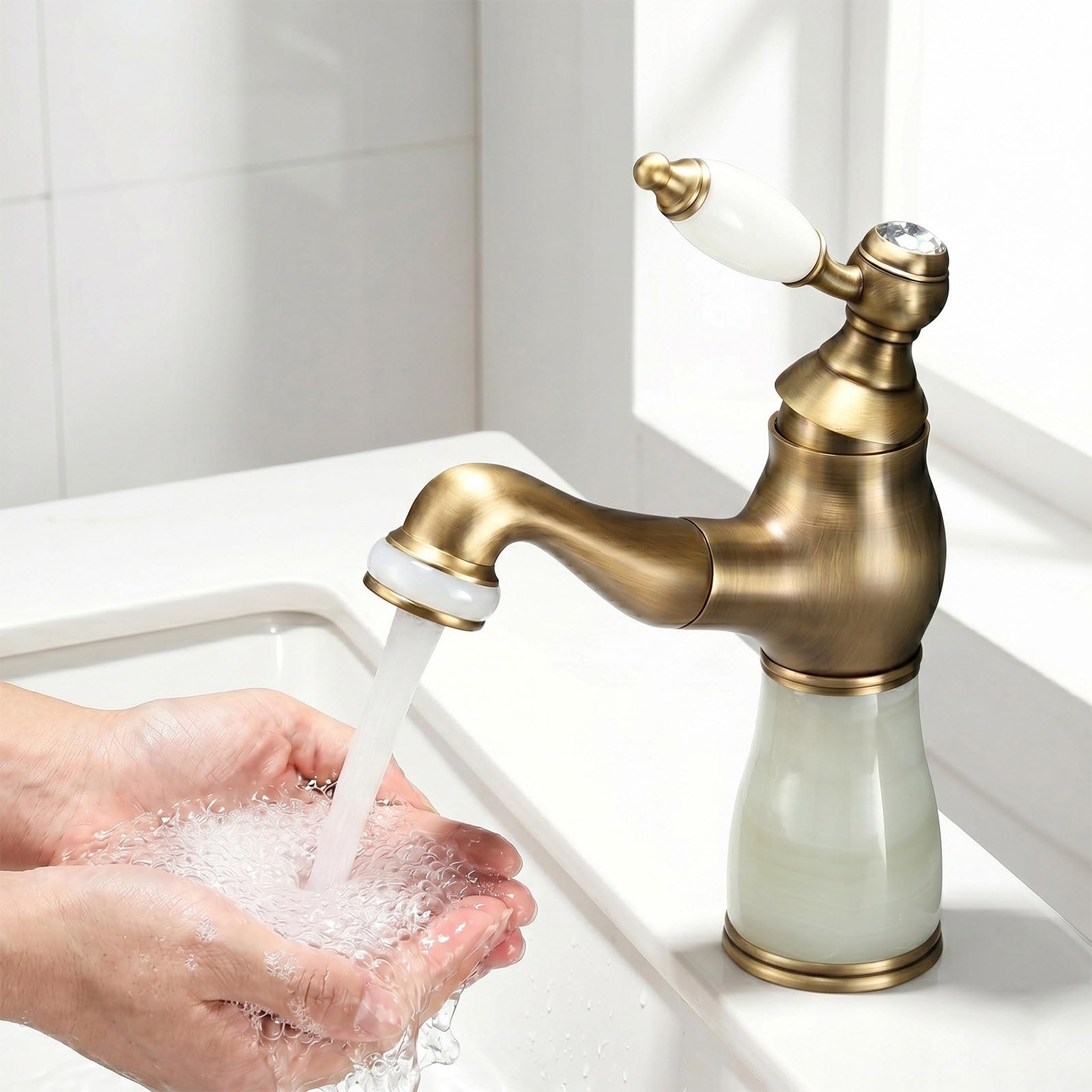 Grifo de Baño, Monomando Lavabo de Latón con Alcachofa Extraíble | Grifo Lavabo Monomando Agua Fría y Caliente, con Cartucho de Cerámica y Latiguillos, Estilo Rétro, Fácil Instalación