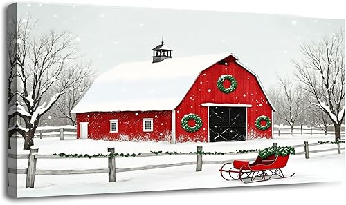Lienzo decorativo de 30 x 60 pulgadas, decoración de casa de campo, escena de nieve de invierno, rústico, vintage, granero rojo, cuadros enmarcados,