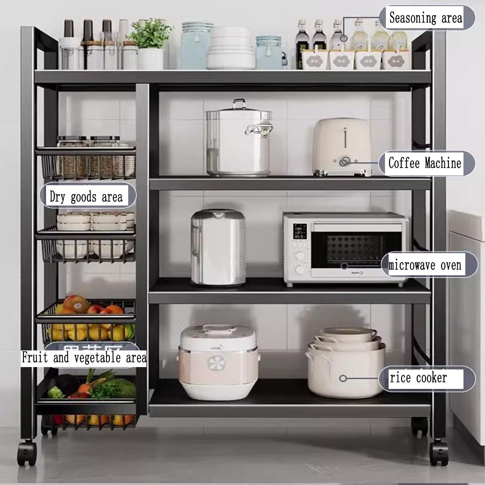 Un Etagère de Stockage en Métal Robuste et Durable Avec 4 Couches et 4 Paniers en Maille, Equipé de Rouleaux et de Hauteur Réglable de 5 Centimètres, Adapté Cuisines (noir, 36x12.6x53in/90x32x135cm)