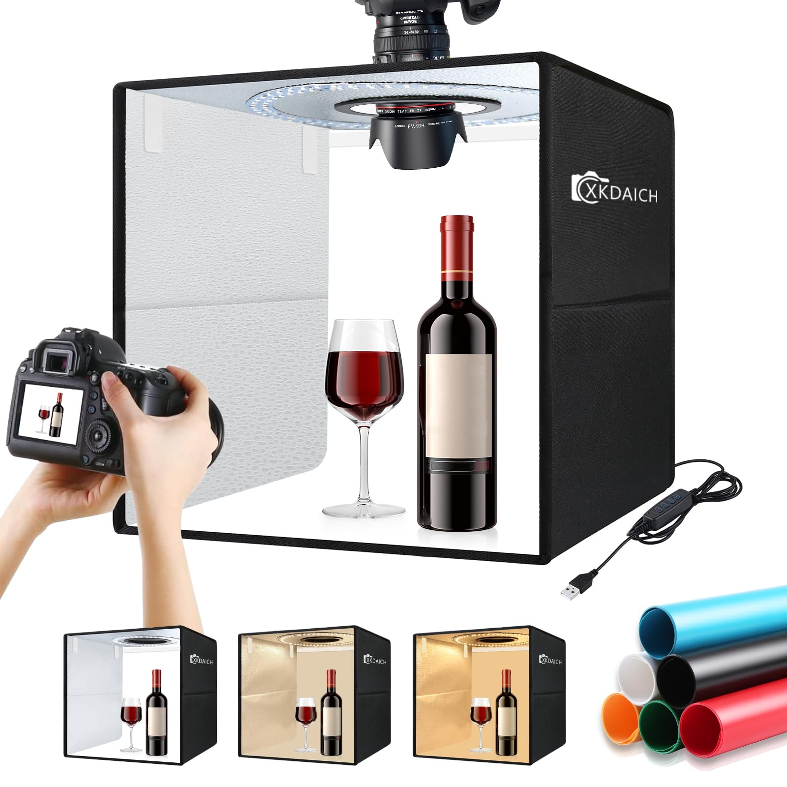 XKDAICH 16x16 Inch Portable Folding Photo Studio Shooting Tent Box with Dimmable Ring Light USB, 3 Color Temperatures & 6 Colors PVC Backdrops for Product Photography, YouTube Videos, Smartphone