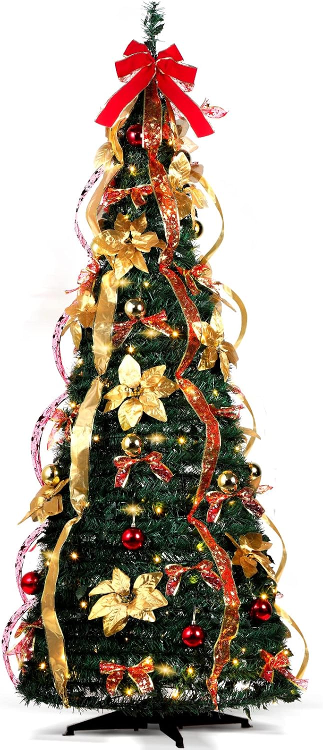 6 ft Christmas Tree Pop up Pre lit with Lights Artificial Prelit Decorated Holiday Pull up Christmas Tree with Red and Gold Decorations Easy Assembly for Xmas Home Fireplace Decor