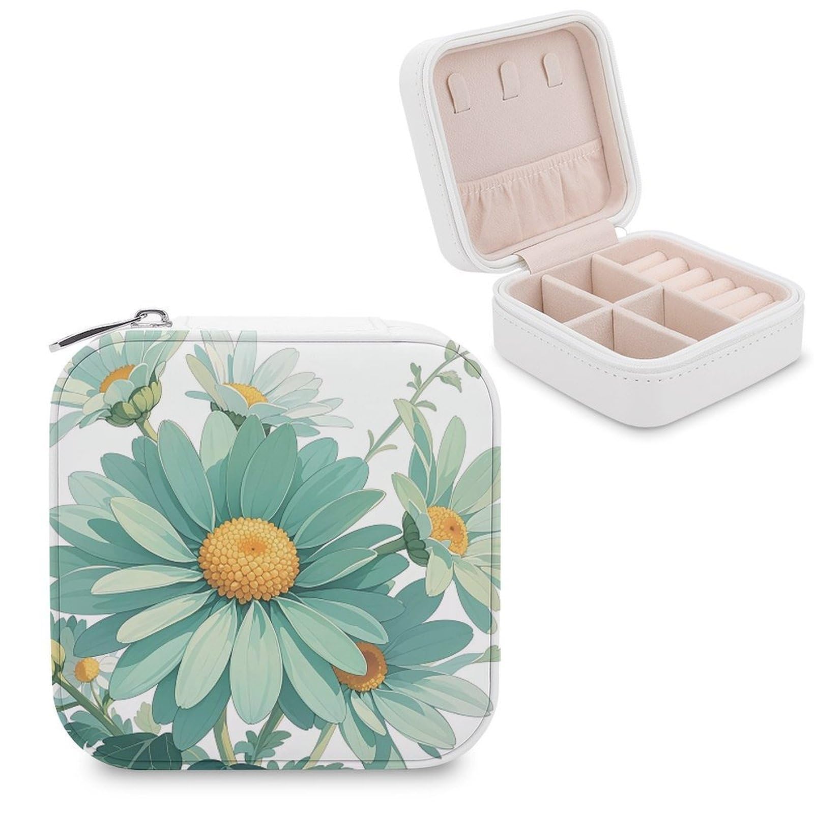 FekiLoot Mint Green Watercolor Daisy Jewelry Case Personalized Leather Jewelry Box Mini Travel Jewelry Case Small Portable Jewelry Organizer for Ring Earrings Necklace Bracelet