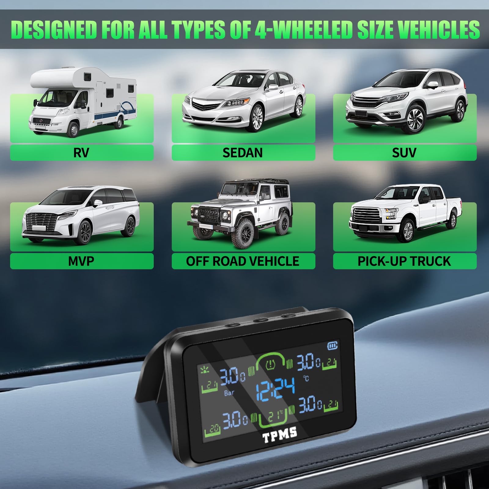 TPMS Sistema de Monitoreo de Presión de Neumáticos, Carga Solar/USB, 5 Funciones de Alarma, Auto On/Off, Compatible Caravana/Berlina/SUV/MPV (4 Sensores, 87 PSI)