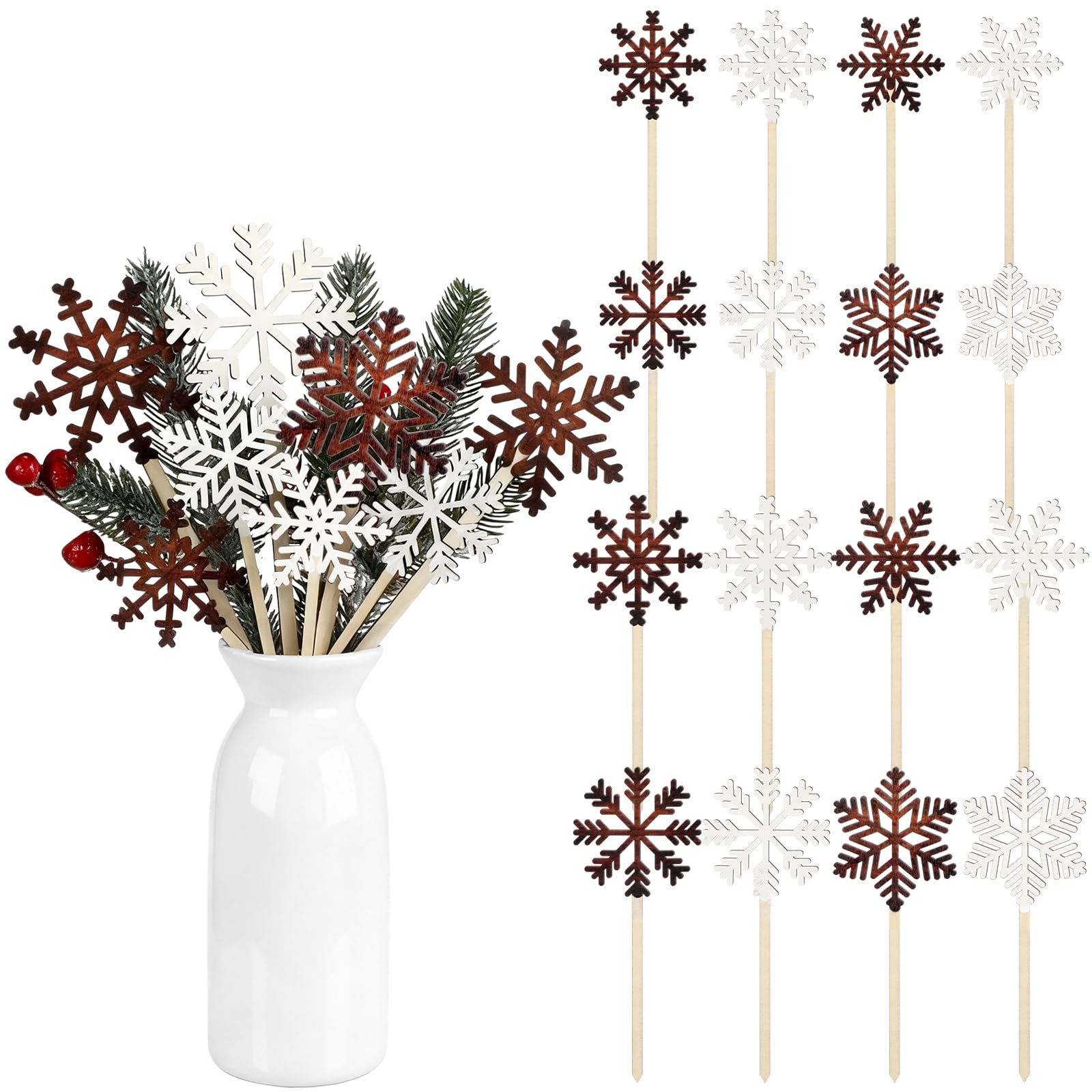 AceOrbit 36 Pcs Snowflakes Decorations Winter Snowflake Picks Wooden Snowflake Decorative Pick Vase Snowflakes Decor Floral Rustic Decorative Stick for Floral Arrangements Home Vase Decor