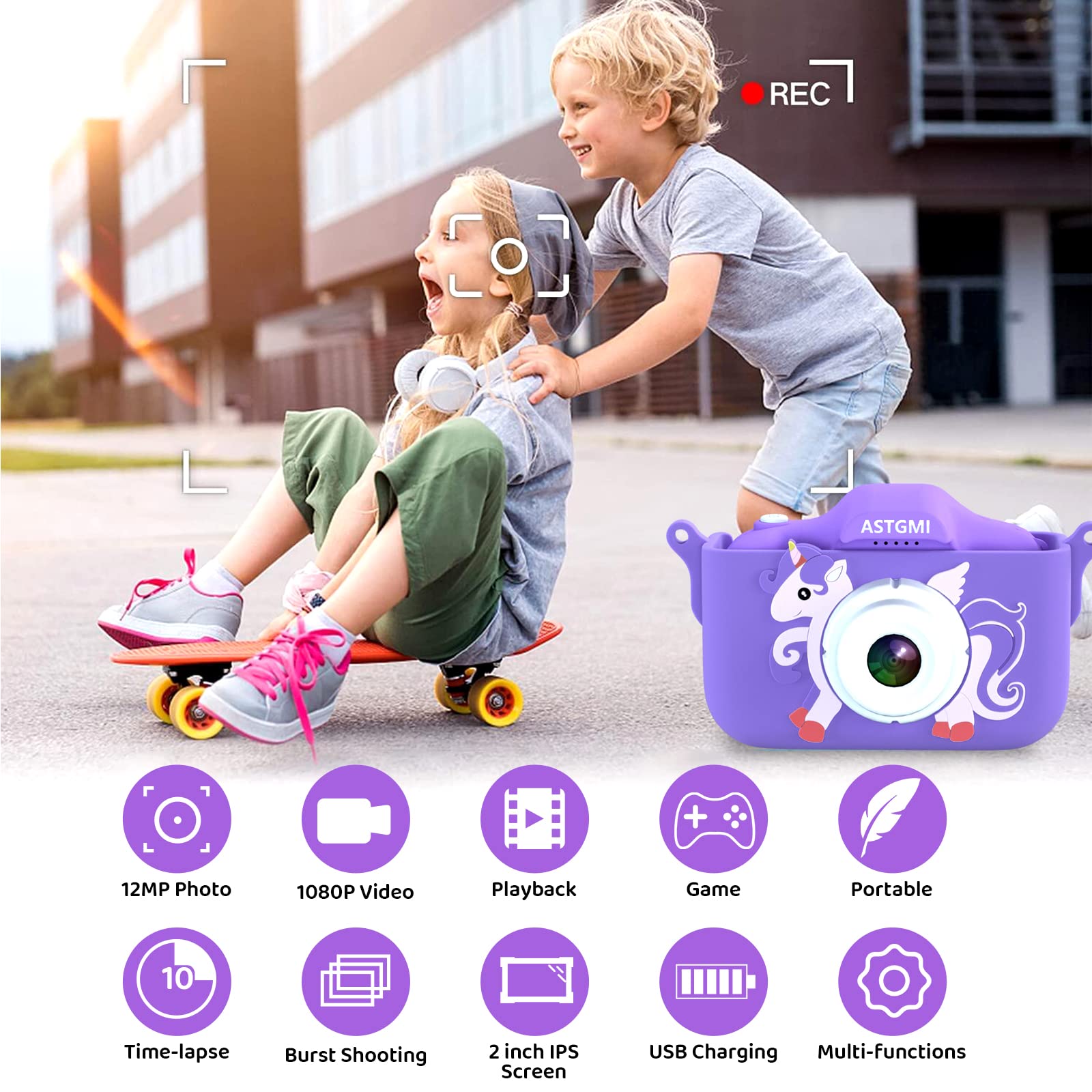 ASTGMI Macchina Fotografica Bambini, 12MP Mini Ricaricabile Fotocamera Digitale Bambina Videocamera Regalo per Ragazze Ragazzi 3-10 Anni, con Scheda 32 GB, Regali Giocattolo di Natale & Compleanno