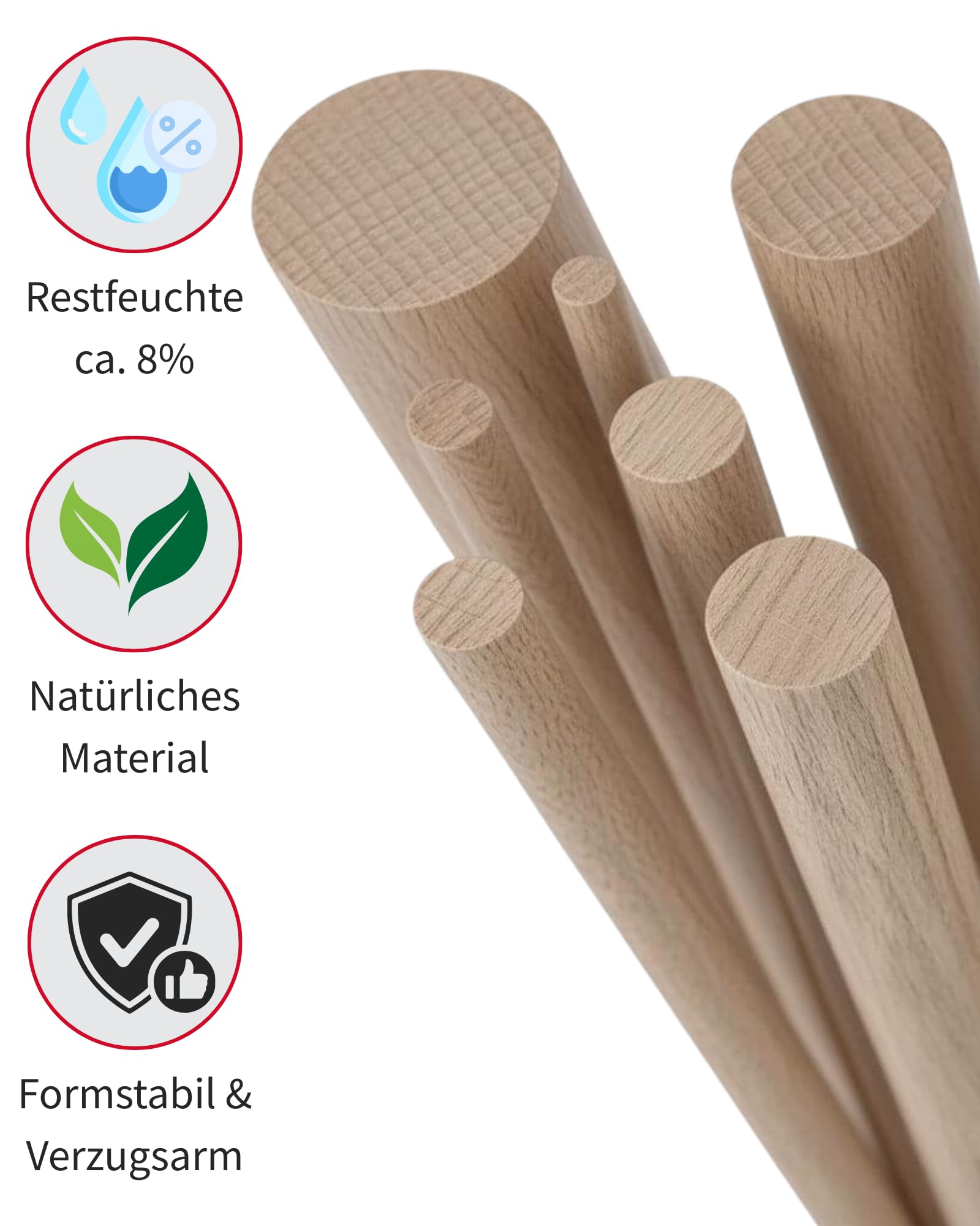 Gedotec Bague ronde en chêne lisse - Bâtons ronds en bois 1000 mm, Ø 14 mm - Lot de 10 chevilles en bois - Bâtons ronds en bois pour le bricolage MADE IN AUSTRIA -Bâtons de bricolage avec environ 8%
