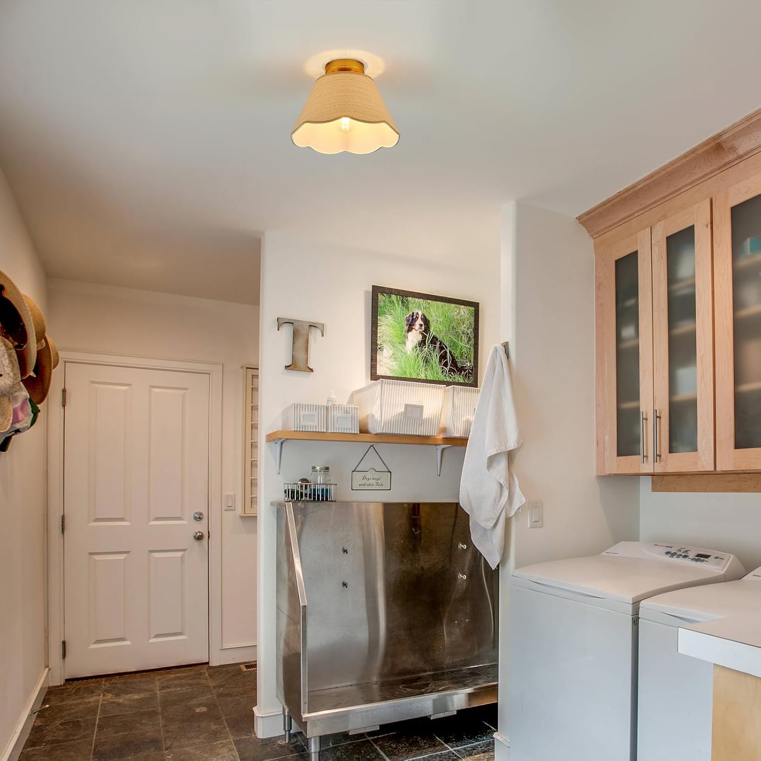 13” Boho Semi Flush Mount Ceiling Light Hand Woven Rattan Mini Chandelier for Bedroom Hallway Kitchen Nursery Room Entryway, UL Listed