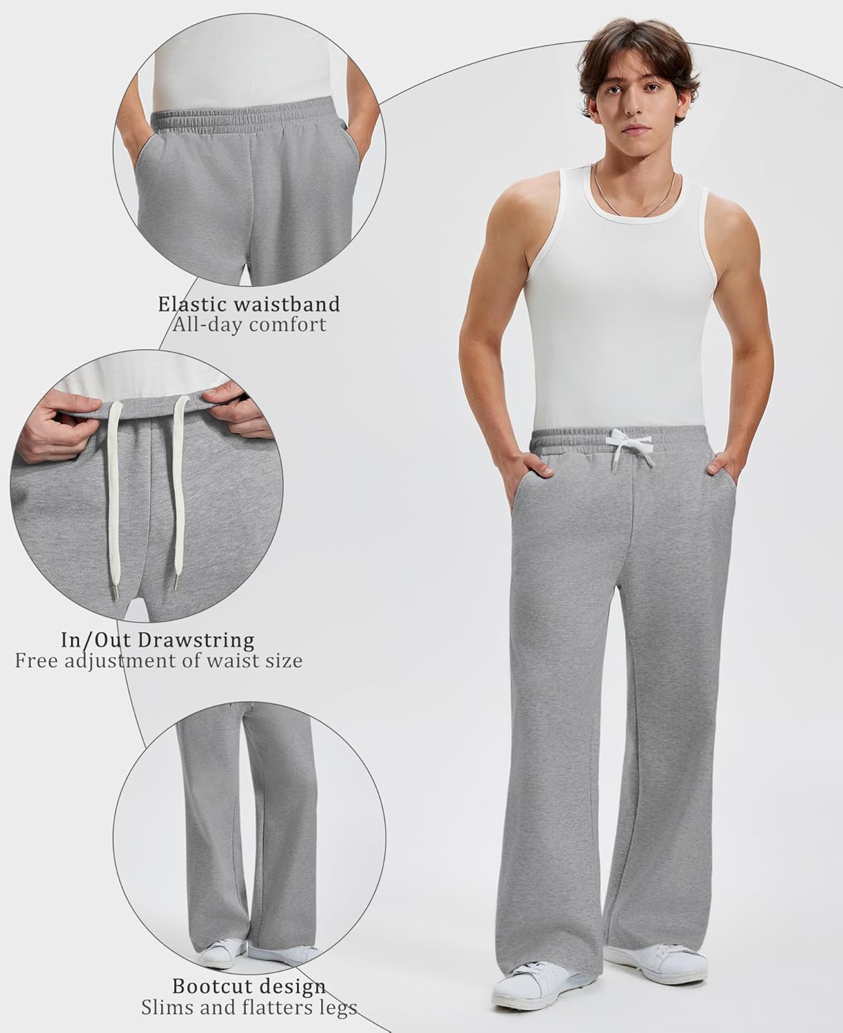 Susclude Mens Baggy Bootcut Sweatpants, Wide Leg Stretch Elastic Waist Drawstring, Cotton Lounge Workout Casual Track Pants - Image 5