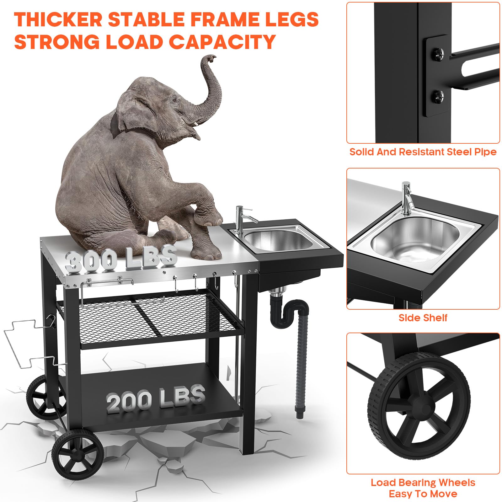 GFTIME Carrito de barbacoa de 107 x 63 x 81 cm, con fregadero de Woofire, para hornos de pizza, para barbacoas al aire libre, resistente a la intemperie, para hornos de pizza, para Weber Q1000