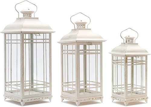 Melrose - Farol de metal y cristal, color crema, juego de 3, portavelas decorativo de metal vintage con cristal transparente, perfecto para sala de