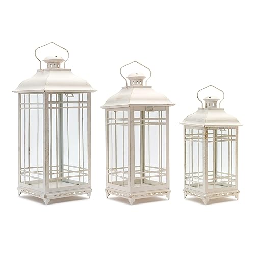 Melrose Metal and Glass Lantern, Cream, Set of 3, Decorative