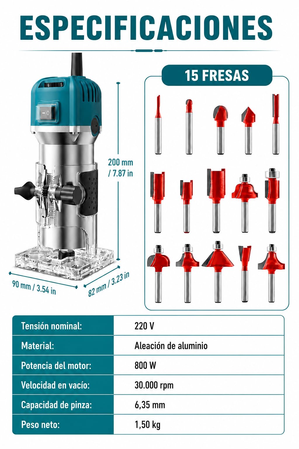 VOBOR Fresadora de Madera Rebajadora Eléctrica, 800W 30000 RPM Fresadora de Mano con 6 Velocidades Variables, 15 piezas 1/4'' Alicates, Pinza De Base Fija De 6/6.35MM