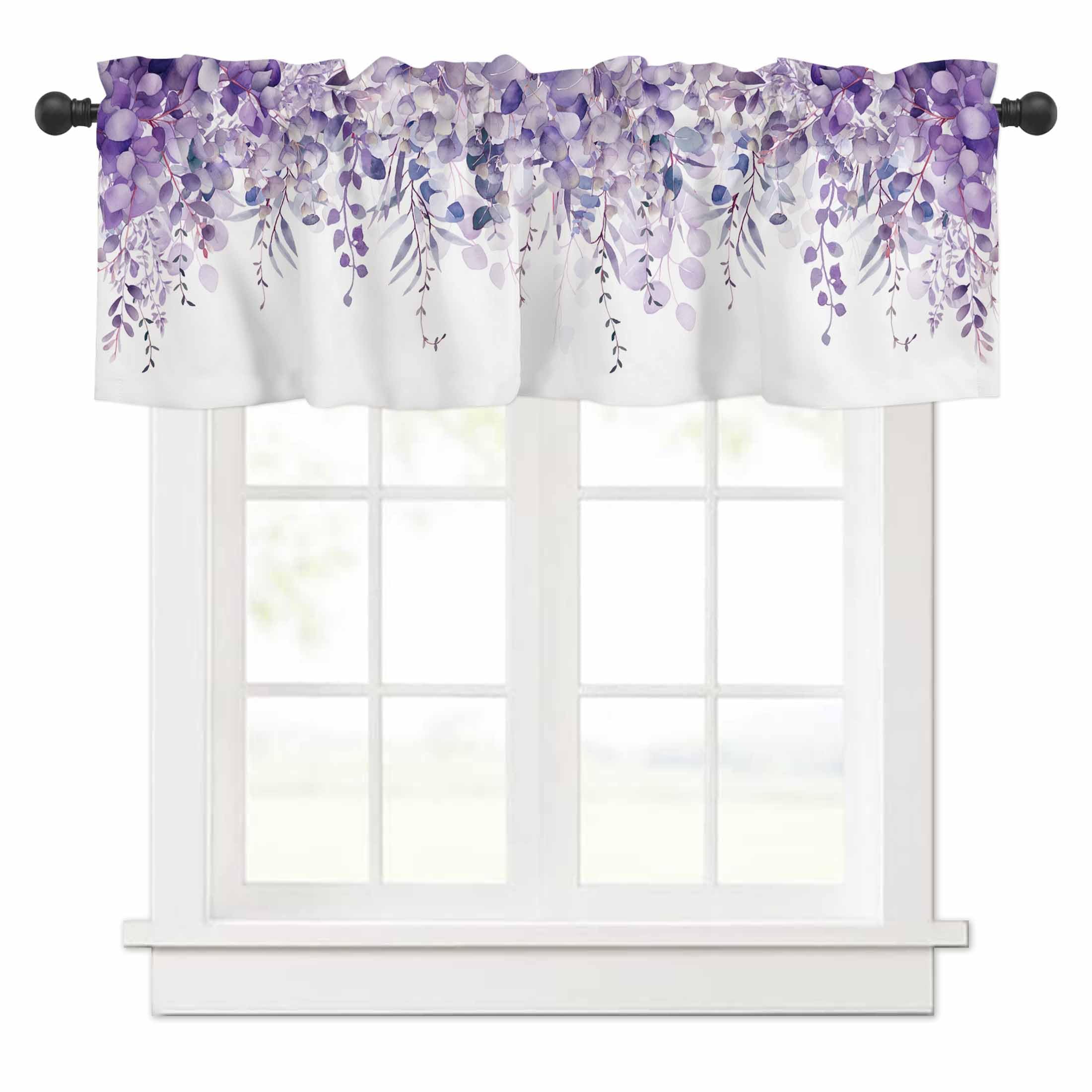 Curtain Valance for Windows Purple Eucalyptus Rod Pocket Valance Window Treatments 1 Panel Watercolor Leaves Short Curtains for Kitchen Windows