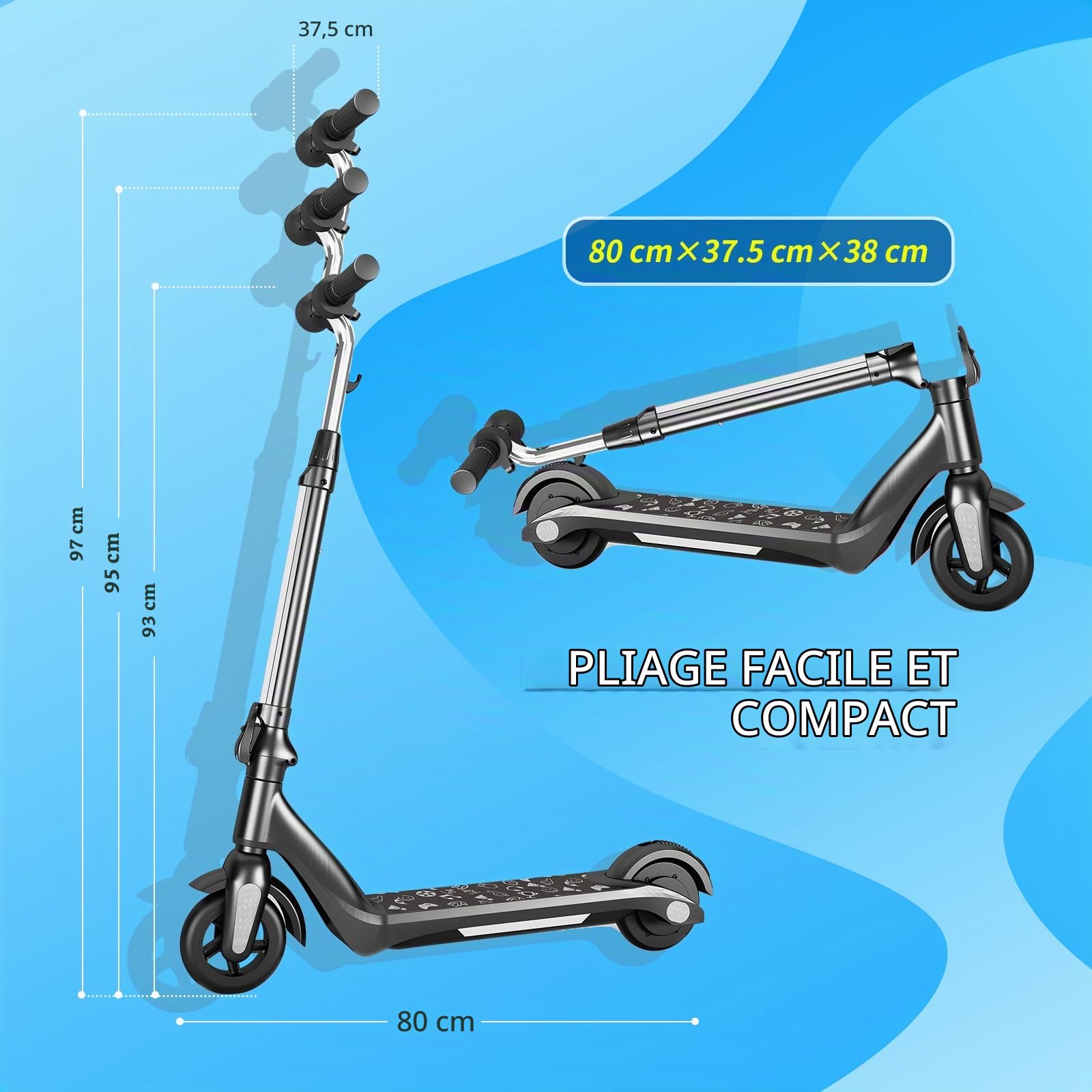 Trottinette électrique pour Enfants avec Lumières LED, Amortisseurs à Double Ressort, Moteur 130W, Vitesse Max 14 km/h