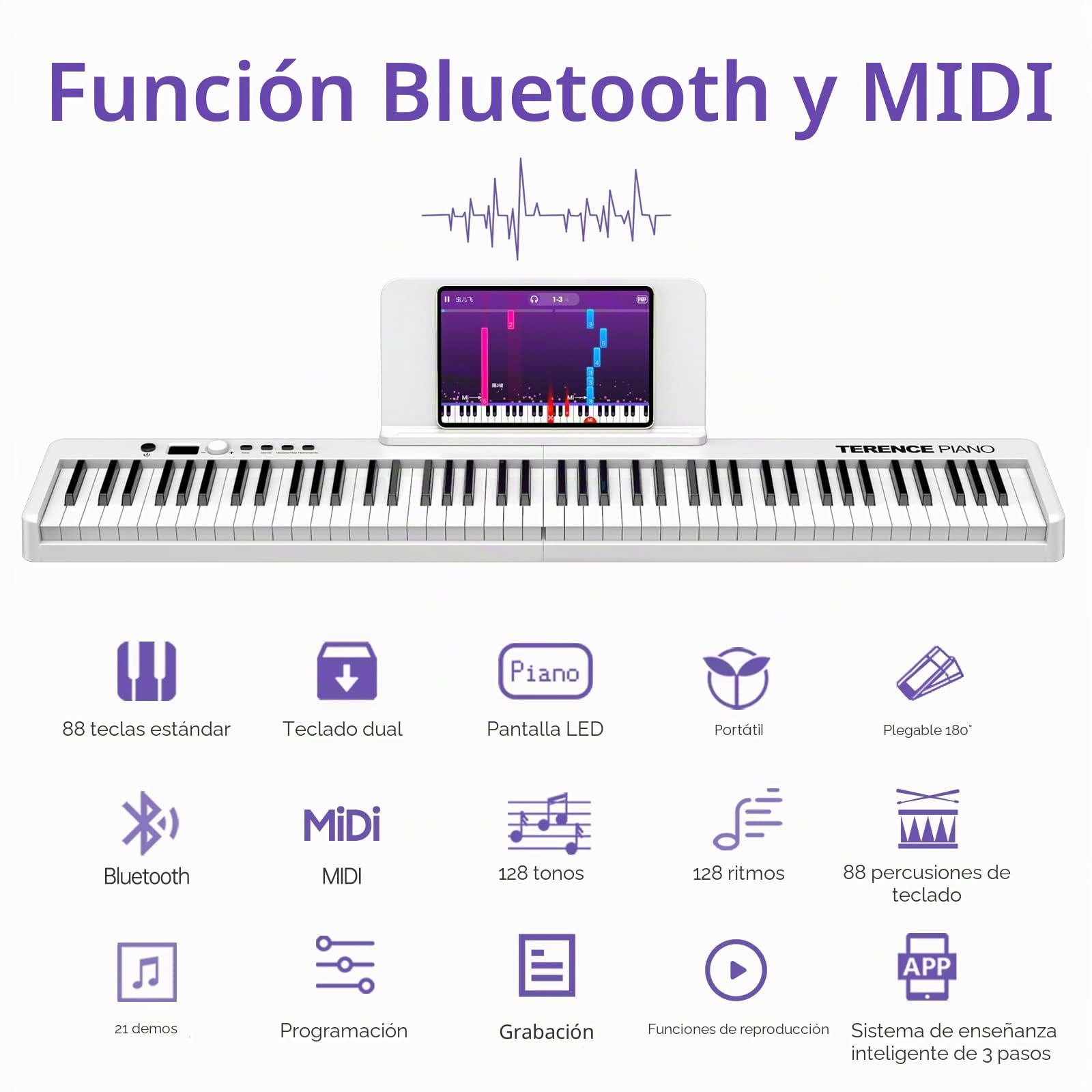 TERENCE Plegable Pianos digitales portátil con 88 teclas semi-ponderadas y batería de 1800mAh interfaz MIDI soporte para partituras bolsa adhesiva cable de audio auriculares pedal de sostenido Blanco