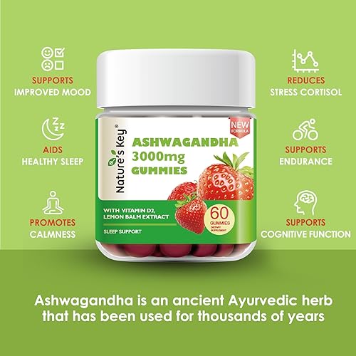 Miniatura 5 de Nature's Key Gomitas Ashwagandha, fórmula mejorada con vitamina D2, bálsamo de limón y pimienta negra (60 unidades, paquete de 1)