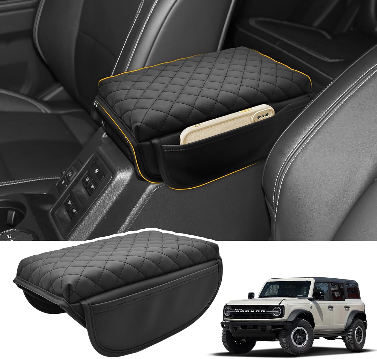 Center Console Cover for Ford Bronco 2021-2026 2/4-Door Armrest Cover Bronco Accessories Middle Console Cover Pu Leather Black (Extra Side Storage) |Pet-Claw Defense| (Not Fit For Bronco Sport)