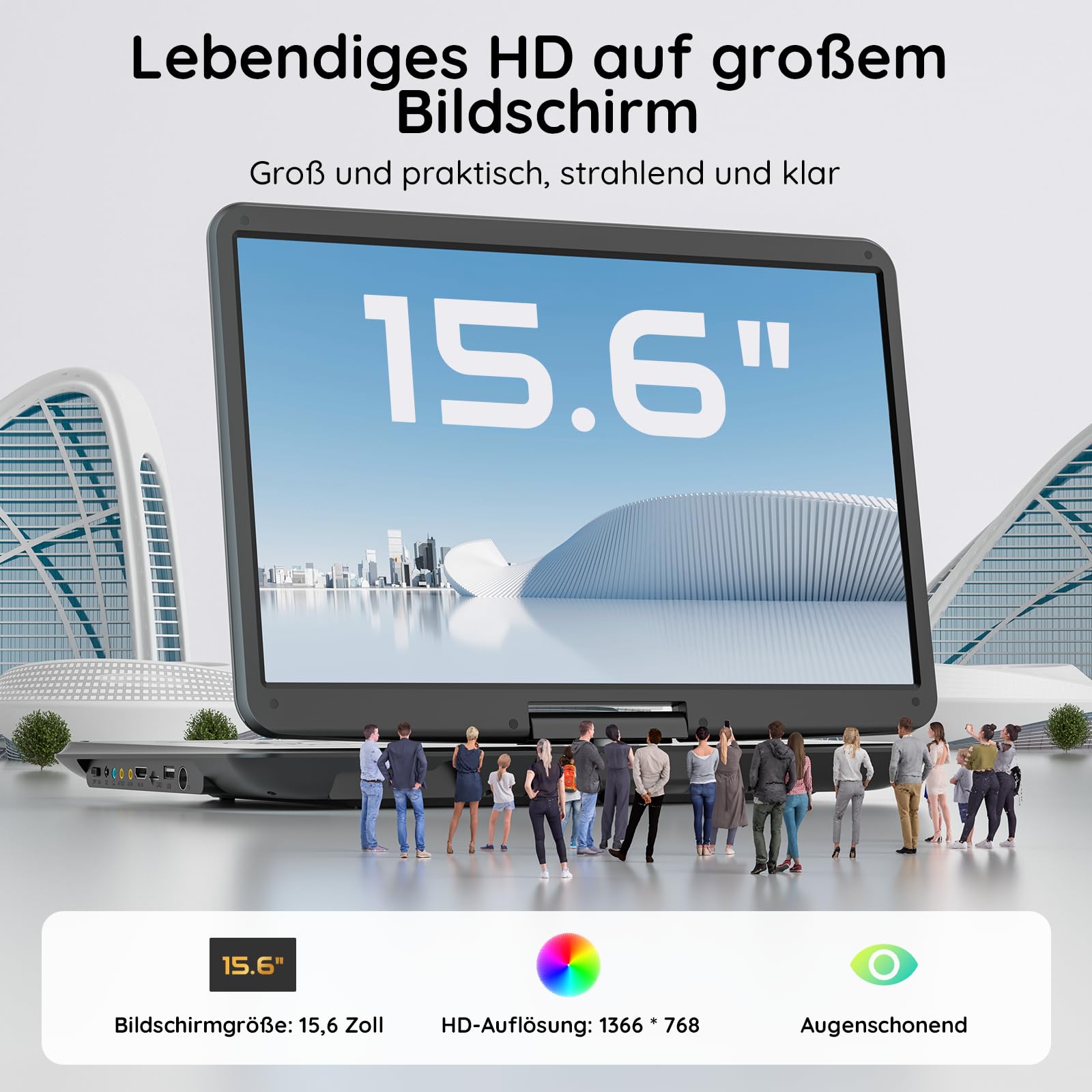 17,5 Zoll Tragbarer Fernseher mit Integriertem DVD-Player, Digitalem DVB-T2-Tuner, Akku, HDMI-Eingang, FM-Radio, USB-Anschluss, SD-Kartensteckplatz und AV-Ausgang