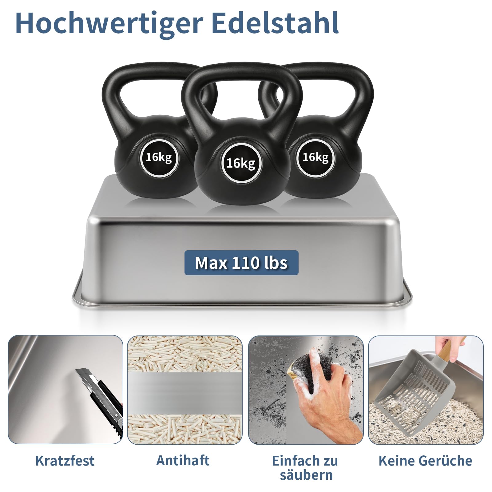 Edelstahl Katzenklo mit Deckel, 60.5*40.5*38 cm Katzentoilette Geschlossen | XXL Metall Katzenklo Edelstahl , 35L Große Kapazität, Schaufel und Fußpedal, Hoher Rand, Auslaufsicher und Leicht Reinigen