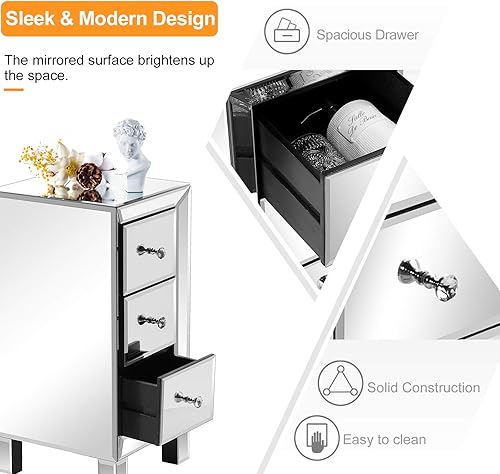Miniatura 3 de VINGLI Mesita de noche con espejo con 3 cajones, mesa auxiliar plateada con espejo para espacios pequeños, dormitorio, sala de estar