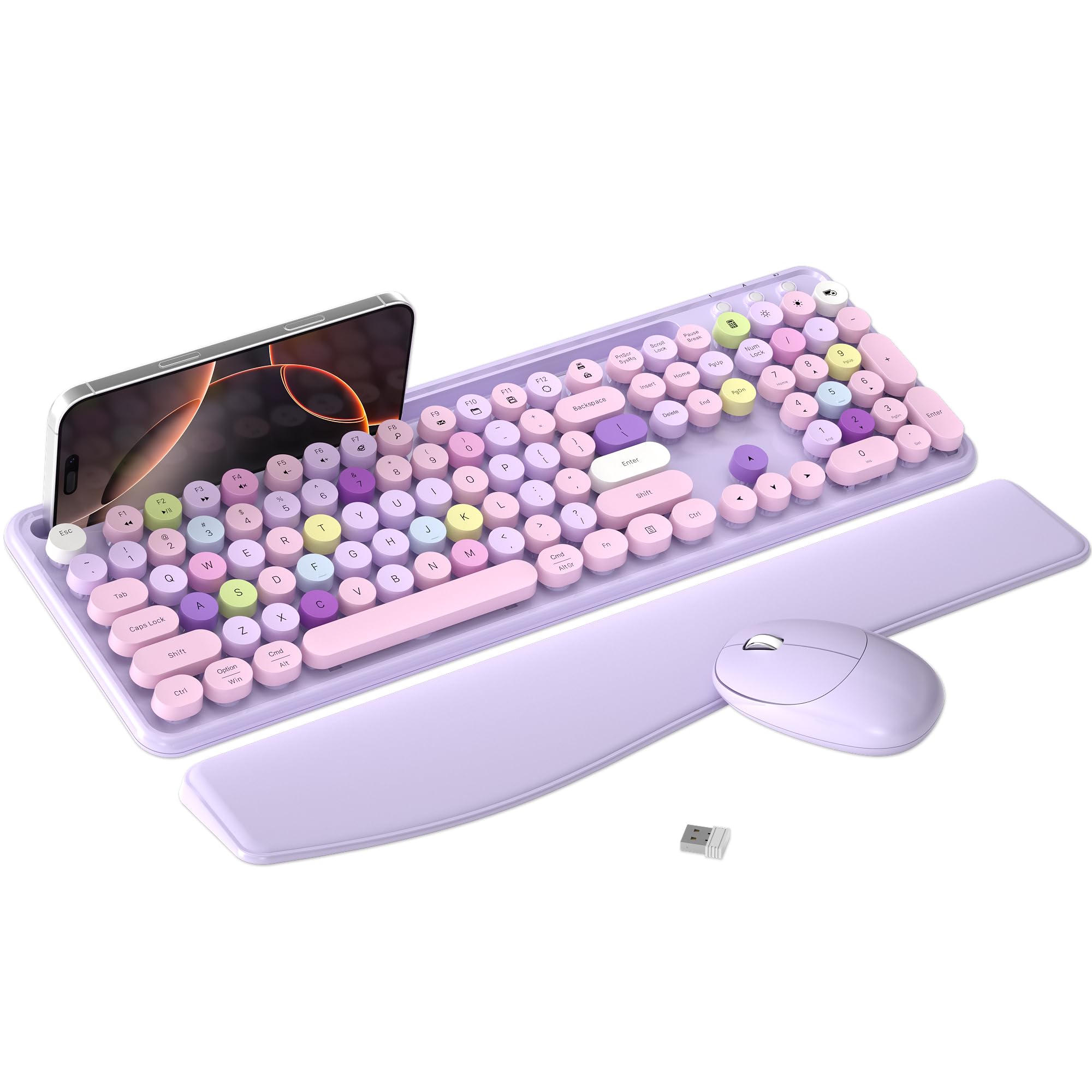 Photo 1 of MPTOG Colorful Wireless Computer Keyboard and Mouse Combo with Phone Holder, Wrist Rest, Typewriter Keys, 2.4GHz Wireless, Full-Sized Optical Mouse for PC and Laptop (Purple)