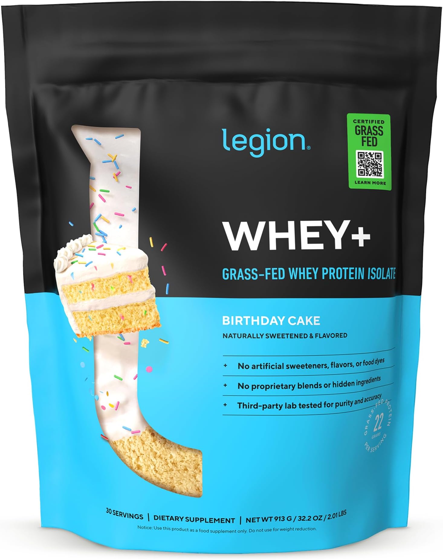 Whey+ Protein Whey Isolate from Grass Fed Cows (Birthday Cake, 30 Servings) - Whey Protein Isolate Powder Low Calorie, Non-GMO, Sugar Free, Lactose and Gluten Free, All Natural Protein Powder