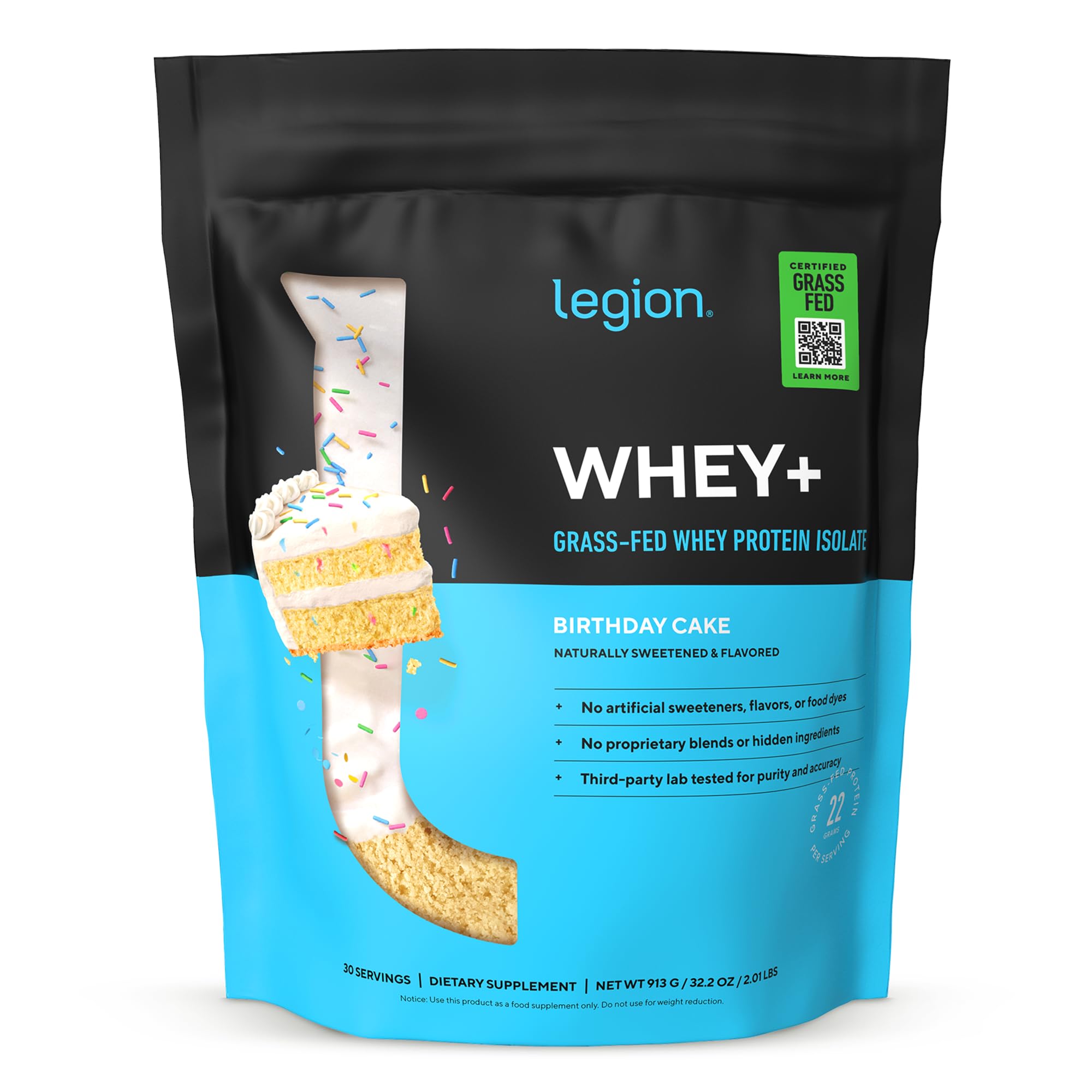 Whey+ Protein Whey Isolate from Grass Fed Cows (Birthday Cake, 30 Servings) - Whey Protein Isolate Powder Low Calorie, Non-GMO, Sugar Free, Lactose and Gluten Free, All Natural Protein Powder